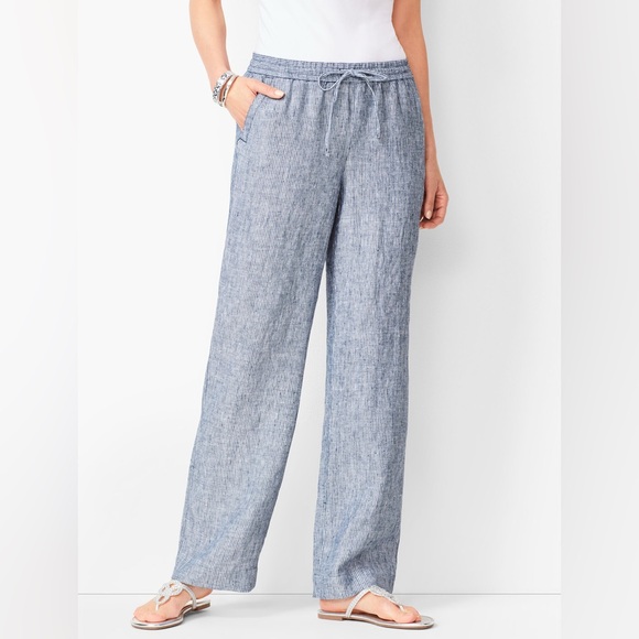 Talbots Washed Linen Wide-Leg Pants Striped - Women’s 8 100% Linen - Picture 1 of 11